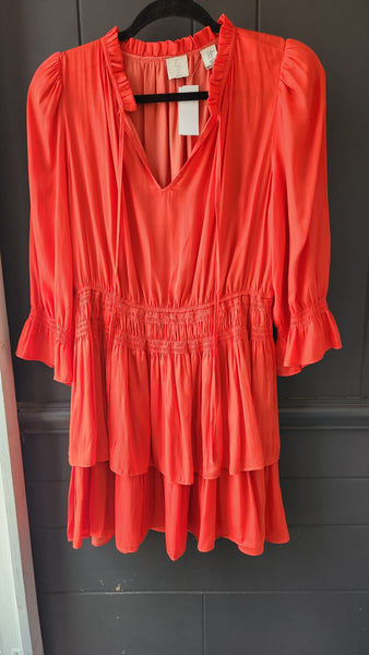 Joie Smocked Waist Bright Orange Tiered Dress