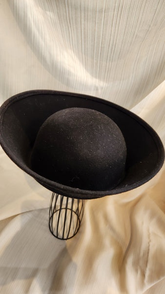 Black Felted wool Hat with peaked brim and gold ribbon embellishment