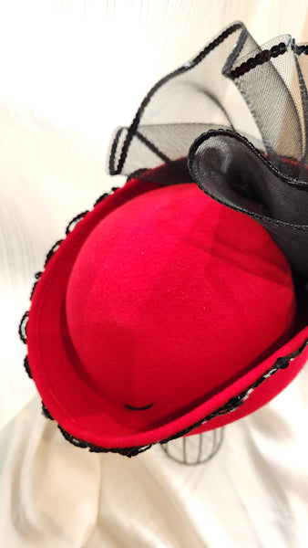 Red Felted Wool Hat with Black Sequin Trim and Black Netting