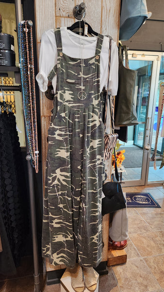 Camo Print Wide Leg Overalls