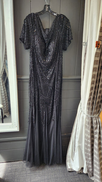 Ashley Lauren Black Short Sleeve Beaded Gown