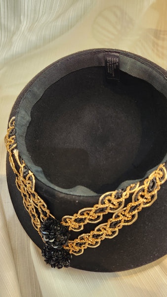 Black Felted wool Hat with peaked brim and gold ribbon embellishment