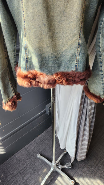 Hazel Denim Jacket with Faux Fur Collar and Cuffs and Brown embroidered floral detail