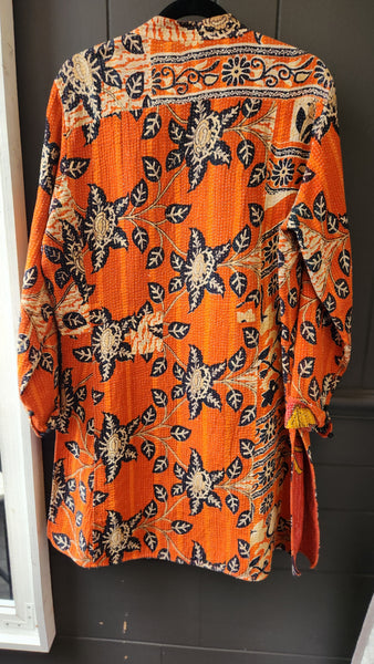 Kantha Style Coat in Orange and Deepest Black/ Blue Floral Motif