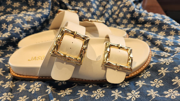 Jason Wu Double Bamboo Buckle Slide Sandals Gold Accents