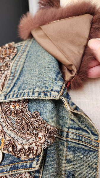 Hazel Denim Jacket with Faux Fur Collar and Cuffs and Brown embroidered floral detail