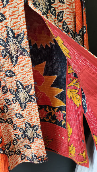 Kantha Style Coat in Orange and Deepest Black/ Blue Floral Motif