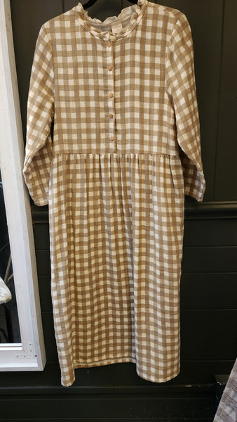 Studio Boheme Long Sleeve Tan Linen Check Dress