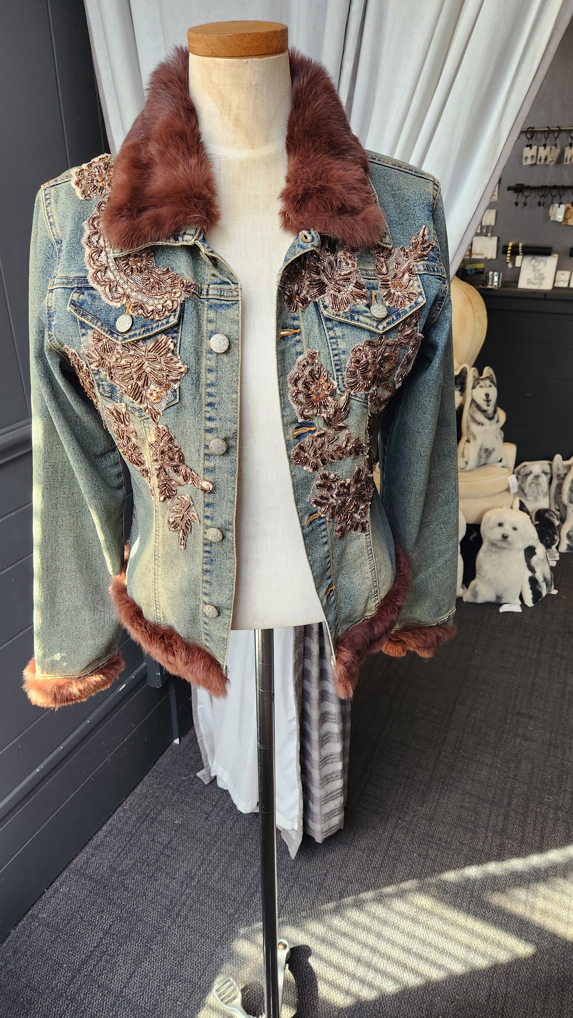 Hazel Denim Jacket with Faux Fur Collar and Cuffs and Brown embroidered floral detail