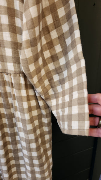 Studio Boheme Long Sleeve Tan Linen Check Dress