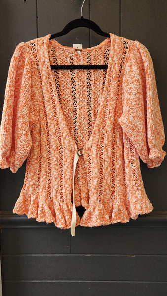 Free People Orange and White Crocheted Cardigan Sweater