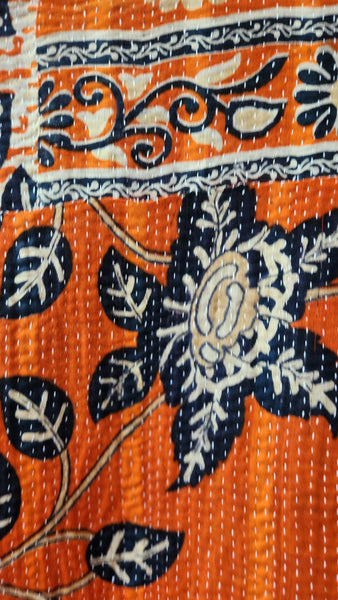 Kantha Style Coat in Orange and Deepest Black/ Blue Floral Motif