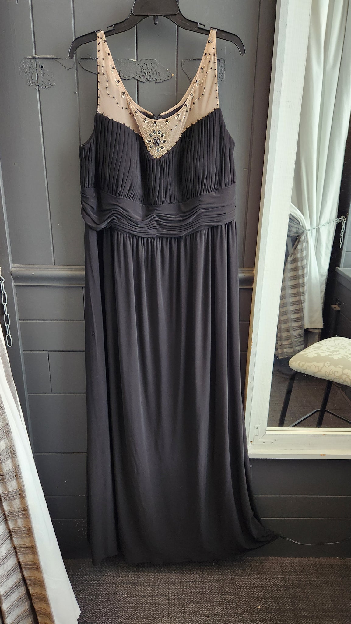 Xscape Sleeveless Sheer and Beaded Black Long Gown