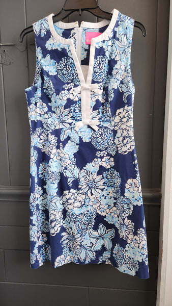 Lilly Pulitzer Sleeveless Blue Floral Cotton Dress with white trim