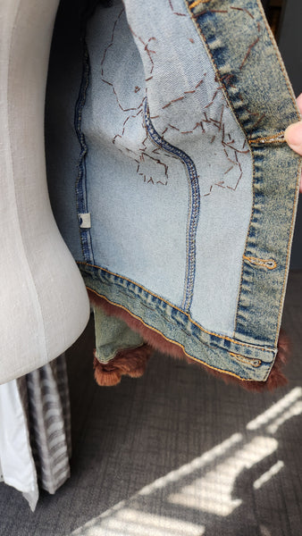 Hazel Denim Jacket with Faux Fur Collar and Cuffs and Brown embroidered floral detail