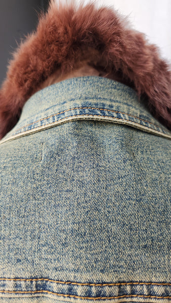 Hazel Denim Jacket with Faux Fur Collar and Cuffs and Brown embroidered floral detail