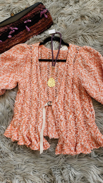 Free People Orange and White Crocheted Cardigan Sweater