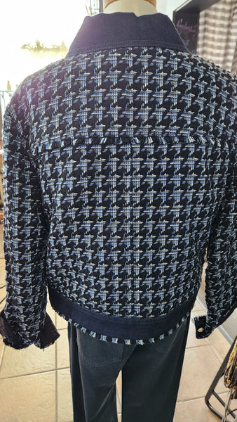 Ann Taylor Blue Woven and Denim Blazer with fringe trim