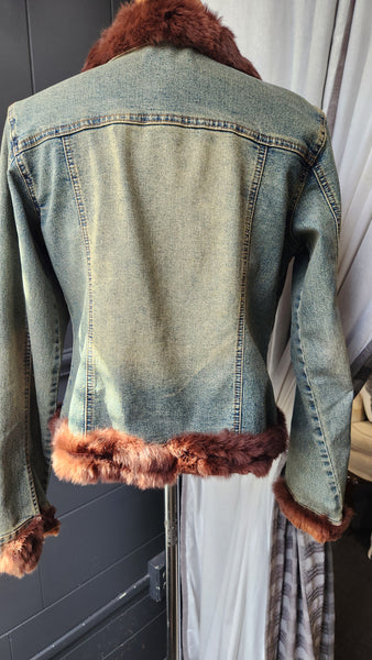 Hazel Denim Jacket with Faux Fur Collar and Cuffs and Brown embroidered floral detail