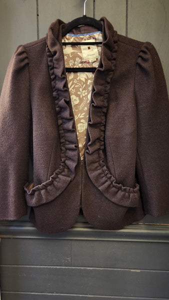 Elevenses Brown Ruffle Collar Wool Blend Blazer