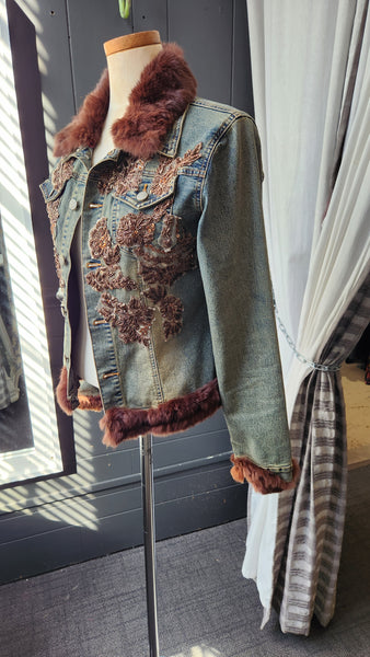 Hazel Denim Jacket with Faux Fur Collar and Cuffs and Brown embroidered floral detail