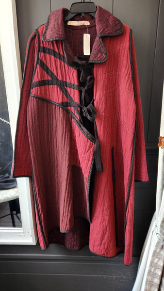 Cynthia Ashby Long Quilted Burgundy Artistic Coat