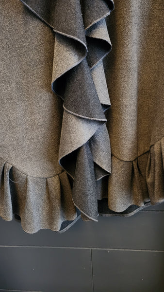 Samuel Dong Ruffle Front Gray and Black Fleece Coat