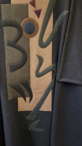 Vintage Beppa Black Wool Coat with Abstract Oriental Motif