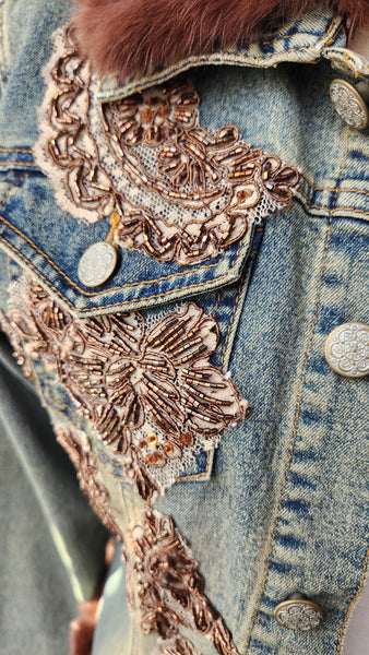 Hazel Denim Jacket with Faux Fur Collar and Cuffs and Brown embroidered floral detail