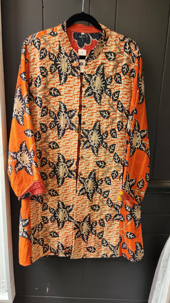 Kantha Style Coat in Orange and Deepest Black/ Blue Floral Motif