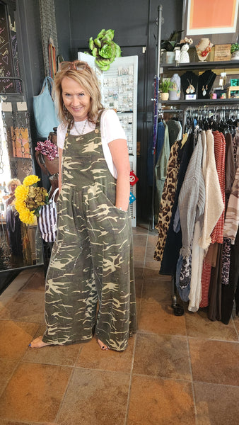 Camo Print Wide Leg Overalls