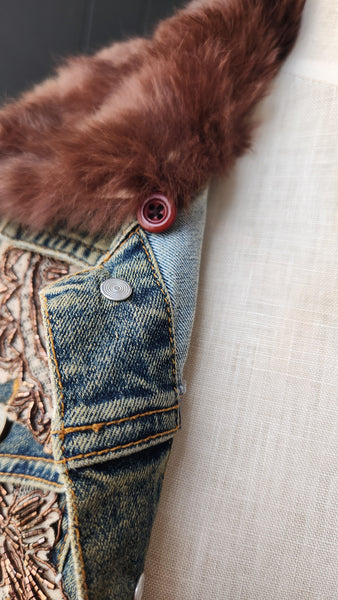 Hazel Denim Jacket with Faux Fur Collar and Cuffs and Brown embroidered floral detail