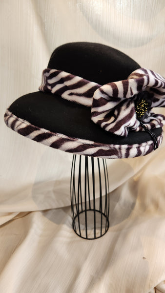 Ellie black felted wool Hat with faux fur zebra trim