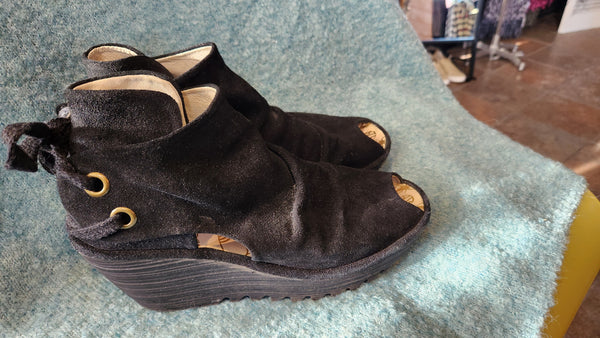 Fly London Black Suede Wedge Shoes