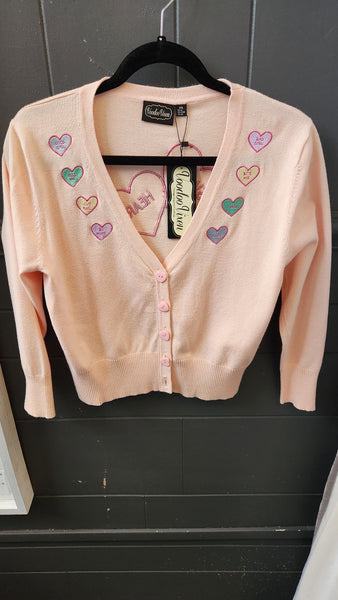 Voodoo Vixen Cropped Pink Sweetheart Sweater with heart buttons