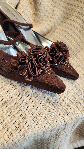 John Fashion Brown Silk Heels