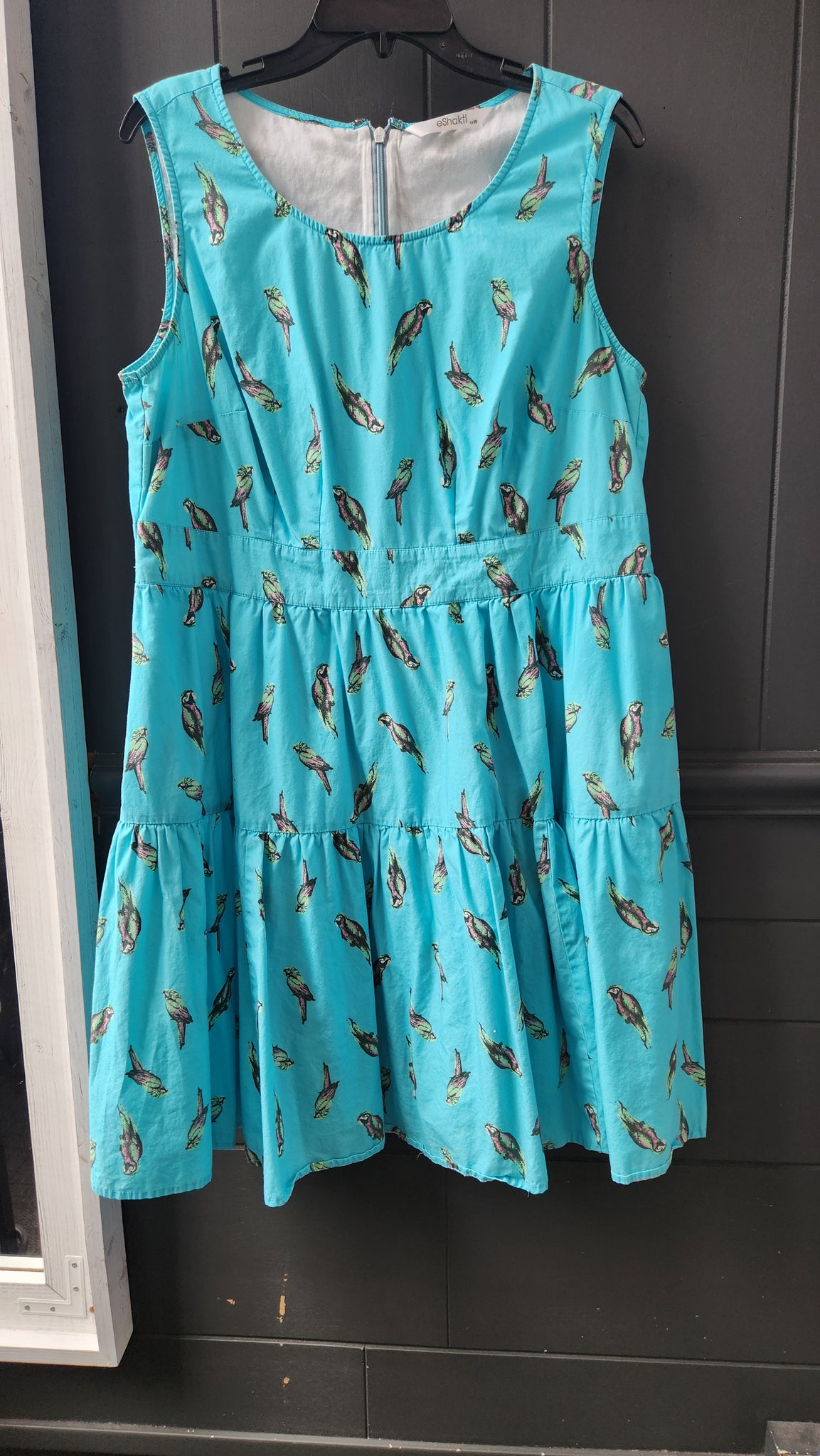 eShakti Sleeveless Turquoise Dress With Parrot Print