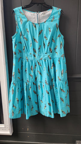 eShakti Sleeveless Turquoise Dress With Parrot Print