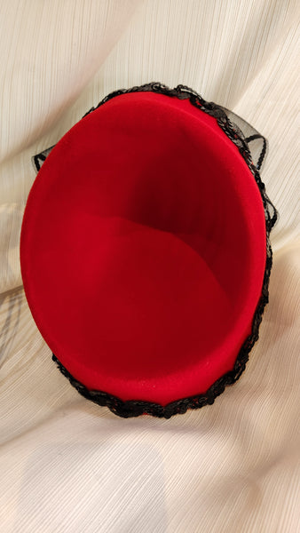 Red Felted Wool Hat with Black Sequin Trim and Black Netting
