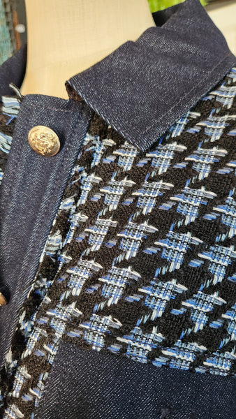 Ann Taylor Blue Woven and Denim Blazer with fringe trim