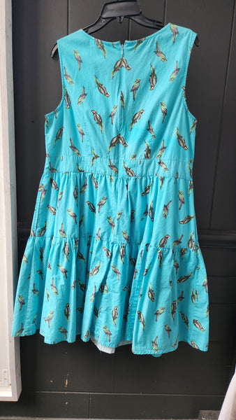 eShakti Sleeveless Turquoise Dress With Parrot Print