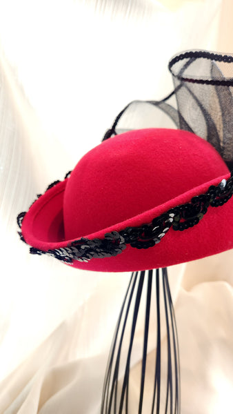 Red Felted Wool Hat with Black Sequin Trim and Black Netting