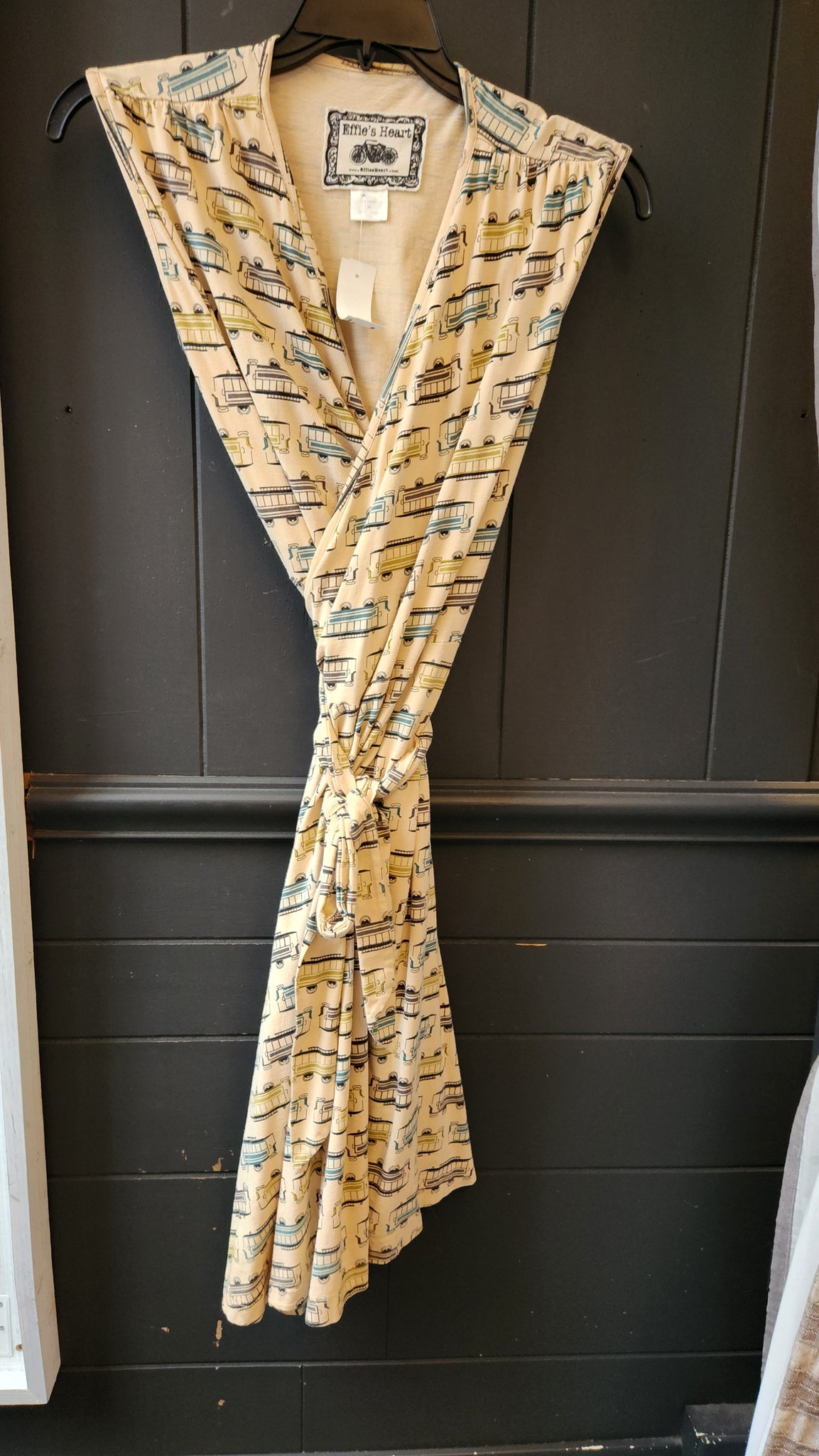 Effie's Heart Sleeveless Wrap Dress with Vintage Train Car Pattern