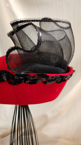 Red Felted Wool Hat with Black Sequin Trim and Black Netting