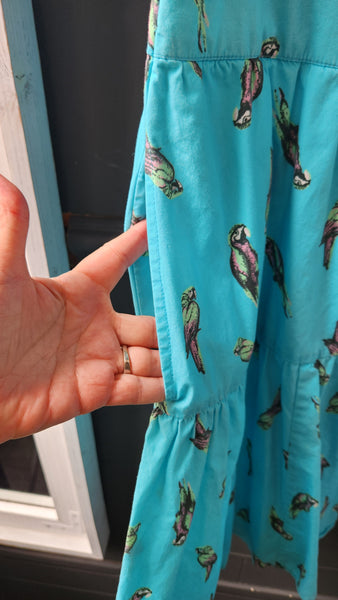 eShakti Sleeveless Turquoise Dress With Parrot Print
