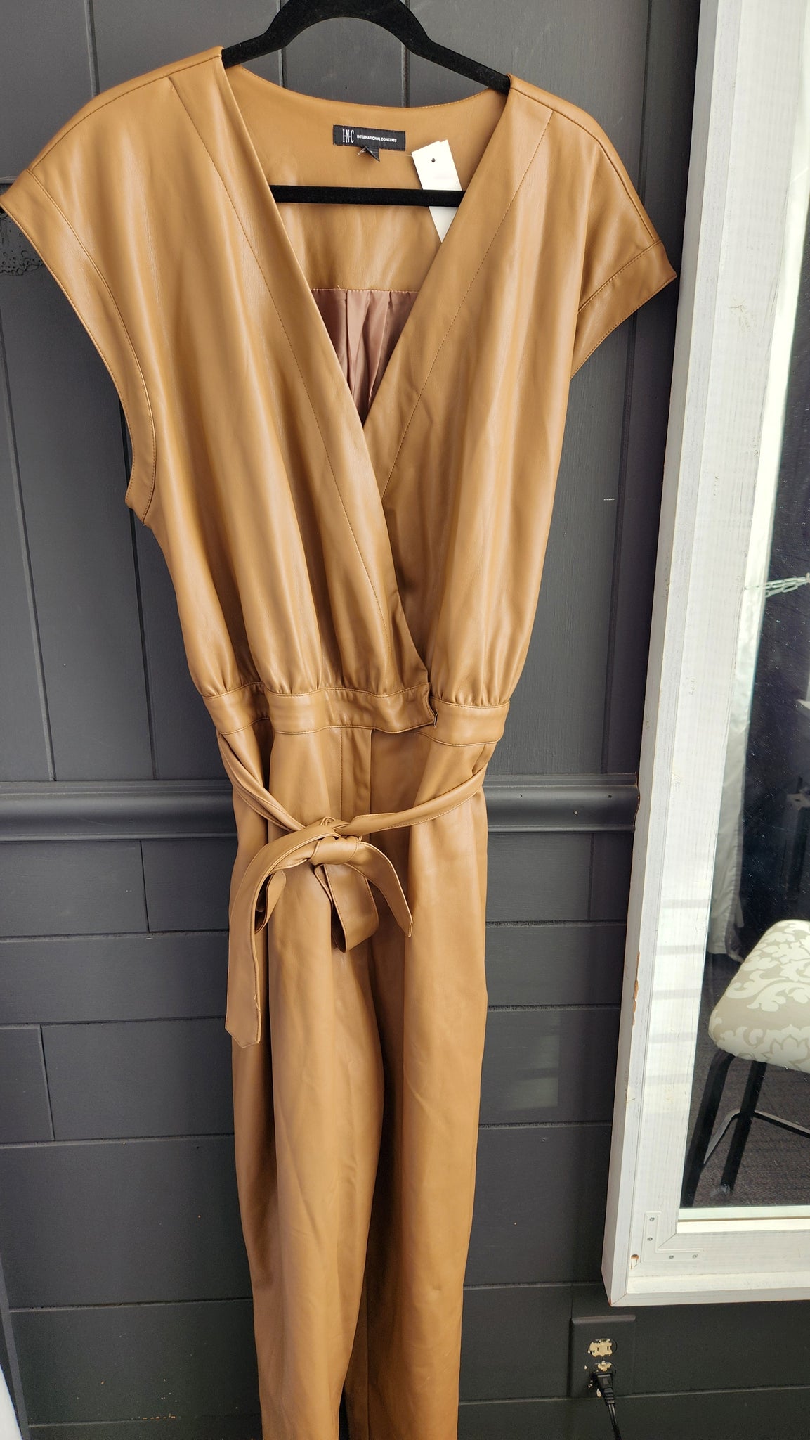 INC Faux Leather Tan Jumpsuit