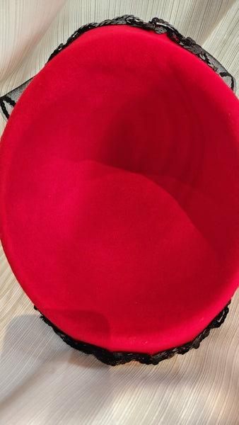 Red Felted Wool Hat with Black Sequin Trim and Black Netting