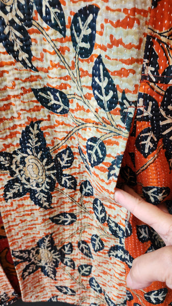 Kantha Style Coat in Orange and Deepest Black/ Blue Floral Motif