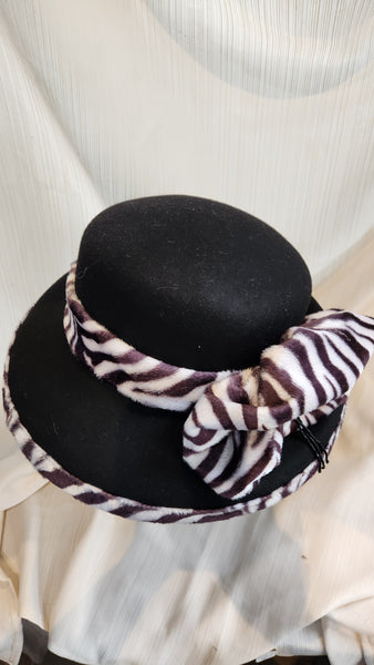 Ellie black felted wool Hat with faux fur zebra trim