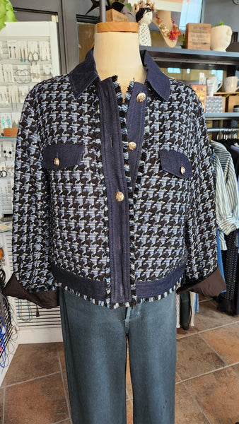 Ann Taylor Blue Woven and Denim Blazer with fringe trim